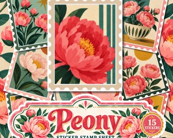 Peony Sticker Stamp Sheet, Mid Century Modern Flower Stickers, Retro Floral Junk Journal Stickers, Scrapbook & Journaling Stickers