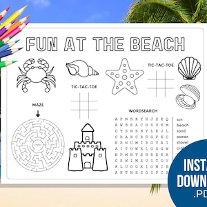 Beach Summer Coloring Place Mat - Printable Activity Table Mat for Kids