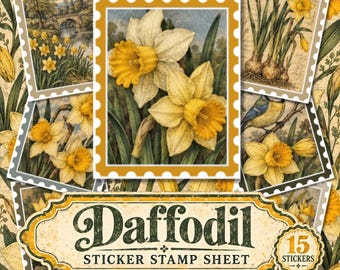 Daffodil Sticker Stamp Sheet, Antique Engraving Flower Stickers, Vintage Floral Junk Journal Stickers, Scrapbook & Journaling Stickers