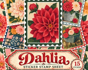 Dahlia Sticker Stamp Sheet, Folk Art Flower Stickers, Floral Junk Journal Stickers, Scrapbook & Journaling Stickers