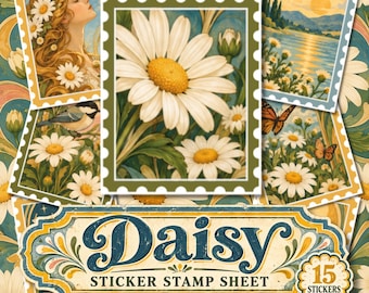 Daisy Sticker Stamp Sheet, Art Nouveau Flower Stickers, Floral Junk Journal Stickers, Scrapbook & Journaling Stickers