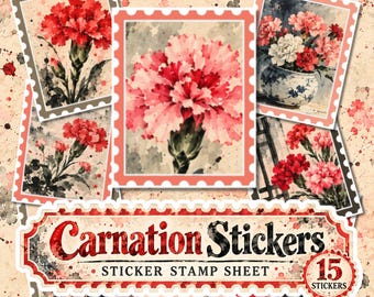 Carnation Sticker Stamp Sheet, Floral Junk Journal Stickers, Chinese Ink Wash Flower Stickers, Scrapbook & Journaling Stickers
