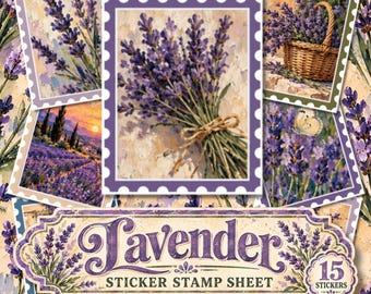 Lavender Sticker Stamp Sheet, Post Impressionist Flower Stickers, Floral Junk Journal Stickers, Scrapbook & Journaling Stickers
