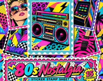 80s Nostalgia Stamp Stickers | Retro 1980s Sticker Sheet | Vintage Junk Journal, Scrapbook & Planner Stickers