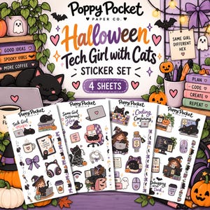 Halloween Tech Girl with Cats Sticker Set | Programmer & Coder Stickers | Spooky Cat Stickers | Cute Halloween Journal Stickers | 4 Sheets