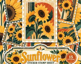 Sunflower Sticker Stamp Sheet, Art Deco Flower Stickers, Floral Junk Journal Stickers, Scrapbook & Journaling Stickers