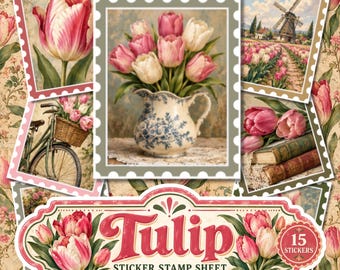 Tulip Sticker Stamp Sheet, Victorian Ephemera Flower Stickers, Vintage Floral Junk Journal Stickers, Scrapbook & Journaling Stickers