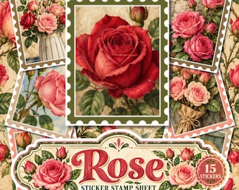 Rose Sticker Stamp Sheet, Vintage Botanical Flower Stickers, Floral Junk Journal Stickers, Scrapbook & Journaling Stickers