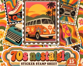 70s Nostalgia Stamp Stickers | Retro 1970s Sticker Sheet | Vintage Junk Journal, Scrapbook & Planner Stickers