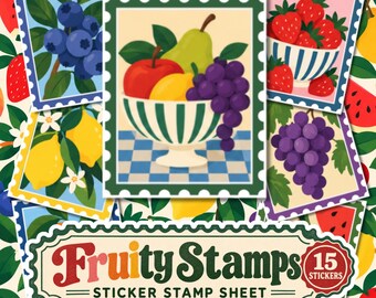 Fruit Stickers, Fruity Sticker Stamp Sheet, Colorful Fruit Art, Junk Journal Stickers, Scrapbook Stickers, Food Collage Stickers