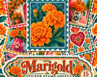 Marigold Sticker Stamp Sheet, Mexican Folk Art Flower Stickers, Floral Junk Journal Stickers, Scrapbook & Journaling Stickers