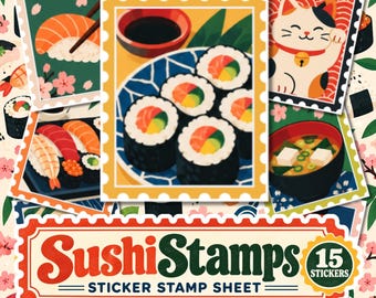 Sushi Sticker Stamp Sheet, Japanese Food Art, Junk Journal Stickers (15 Stickers)