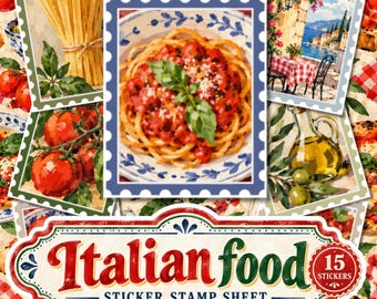 Italian Food Stickers, Sticker Stamp Sheet, Pasta & Pizza Art, Junk Journal Stickers, Scrapbook and Collage Stickers