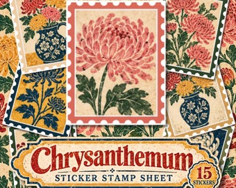 Chrysanthemum Sticker Stamp Sheet, Indian Block Print Floral Stickers, Junk Journal Stickers, Scrapbook & Journaling Stickers