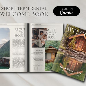 Airbnb Welcome Book Template Cabin, Rustic airbnb welcome bundle for guests, Moody vrbo guest book forest theme, bundle of cabin signs