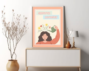 May include: A motivational poster with a woman watering flowers growing from her head. The poster has a peach background with the text "GROWTH MINDSET" in a blue box.