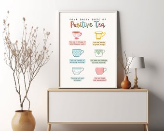 以下が含まれることがあります： 明るい青色の背景に「YOUR DAILY DOSE OF Positive Tea」というカラフルなフォントで書かれたテキストが書かれた、印刷可能なポスター。ポスターには、6つのイラストが描かれたティーカップが描かれており、「You are in charge of what happens next」や「You are worthy of great things.」などの肯定的な言葉が書かれています。
