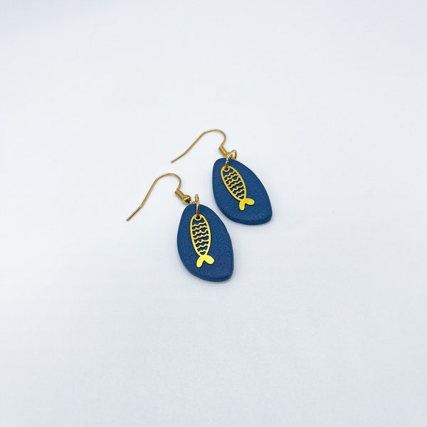 Simple Fish Dangles, Salmon Earrings, Pebble Earrings, Gift for Anglers, Polymer Clay Jewelry