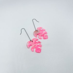 Pink Monstera Earrings, Faux Pink Quartz, Unique Earrings, Handmade Gifts, Polymer Clay Jewelry
