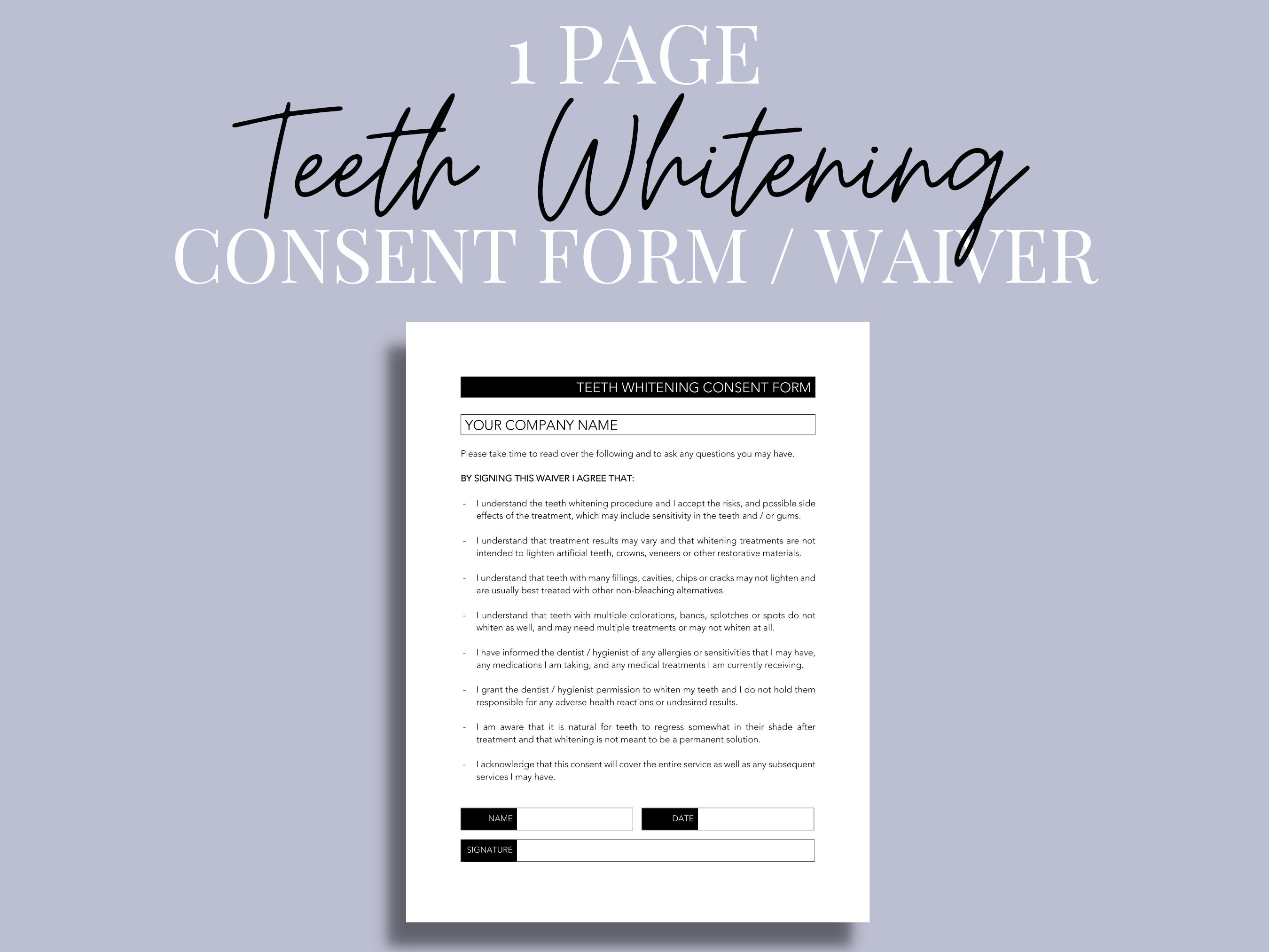 Teeth Whitening Consent Form, Teeth Whitening Waiver, Teeth Whitening