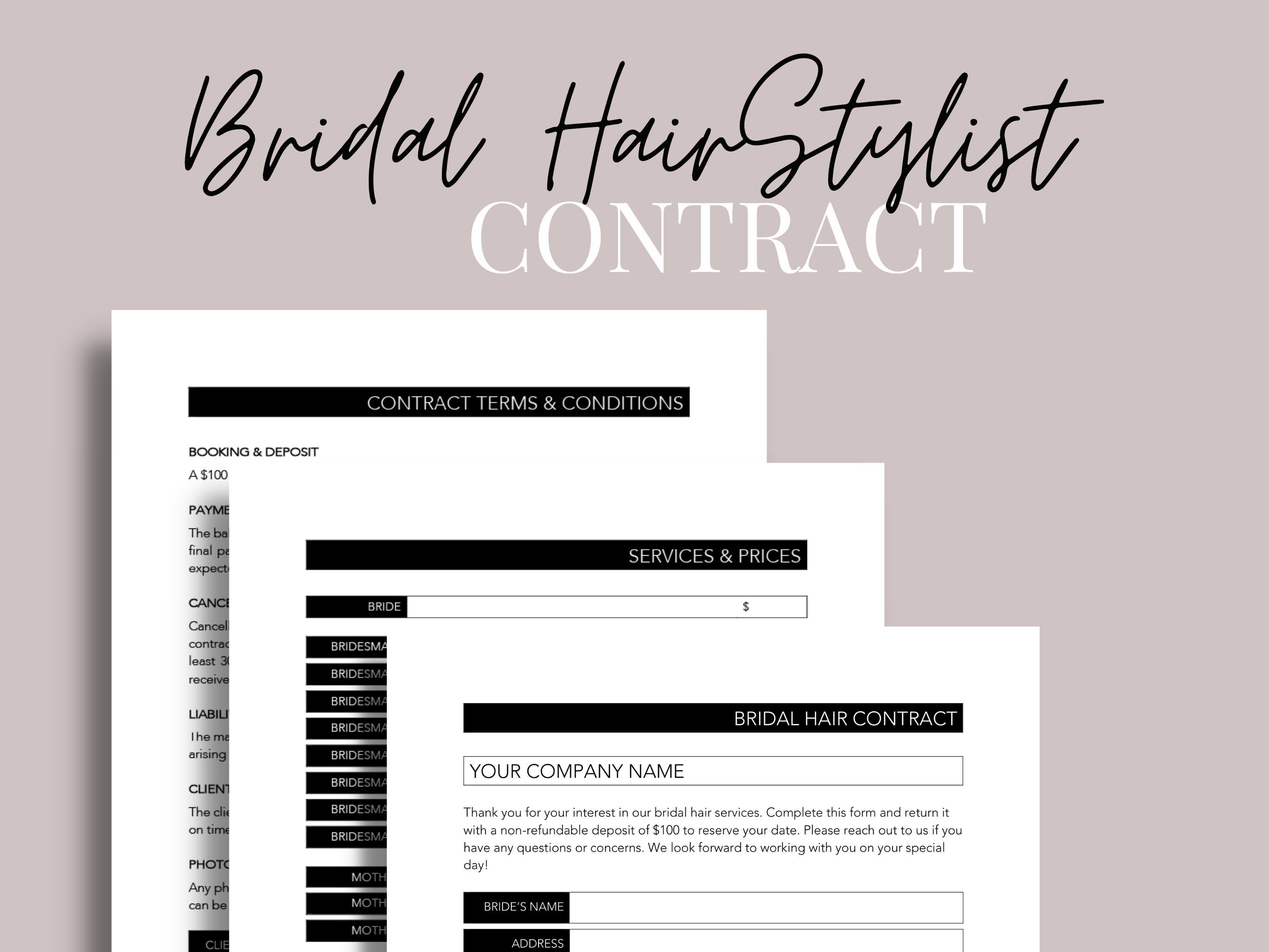 Bridal Contract for Hairstylist, Wedding Hairstylist Contract, Bridal
