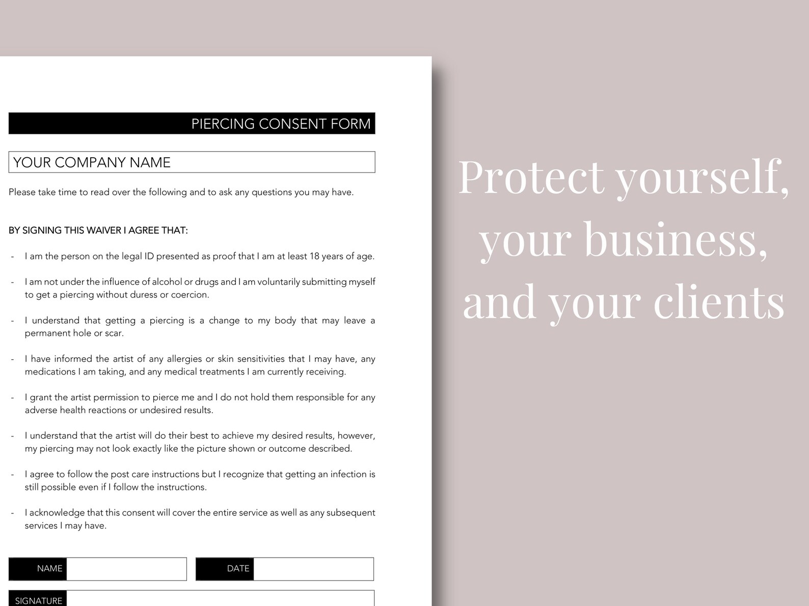 Piercing Consent Form, Piercing Waiver, Piercing Form, Body Piercing Consent Form, Ear Piercing