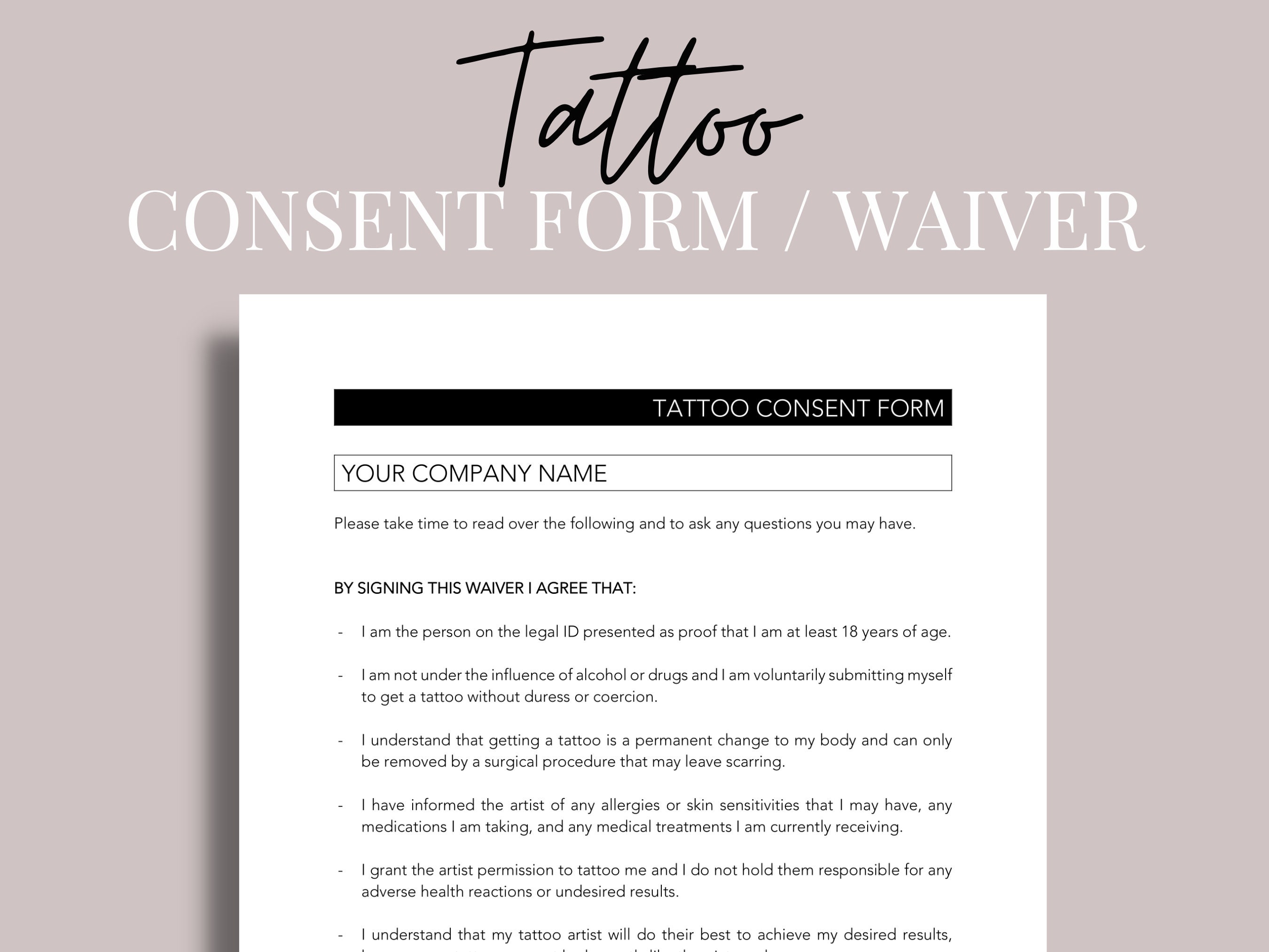 Tattoo Consent Form, Tattoo Waiver, Tattoo Form, Tattoo Liability Tattoo Consent Form, Tattoo Waiver, Tattoo Form, Tattoo Liability
