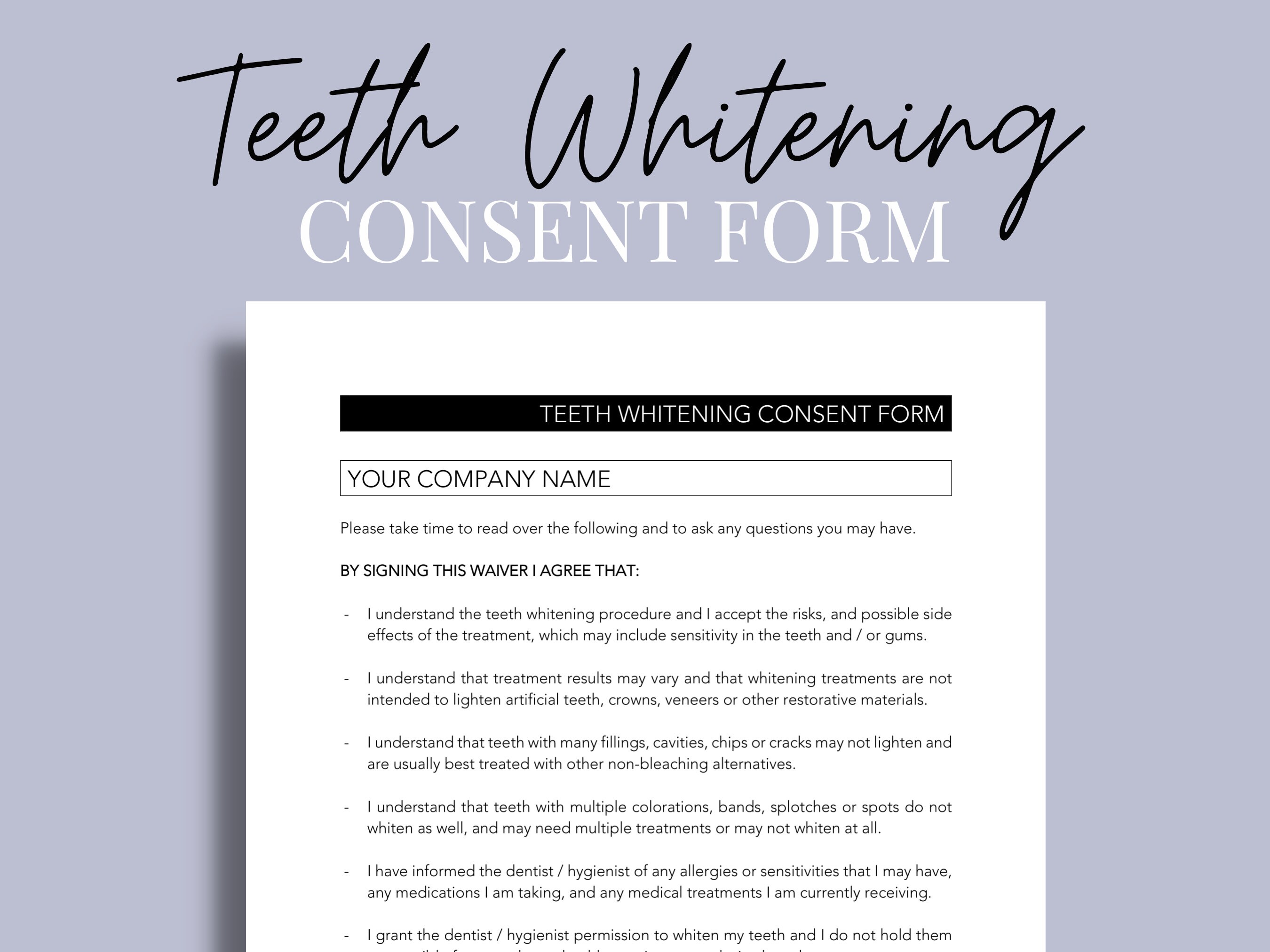 Teeth Whitening Consent Form Teeth Whitening Waiver Teeth Etsy Singapore