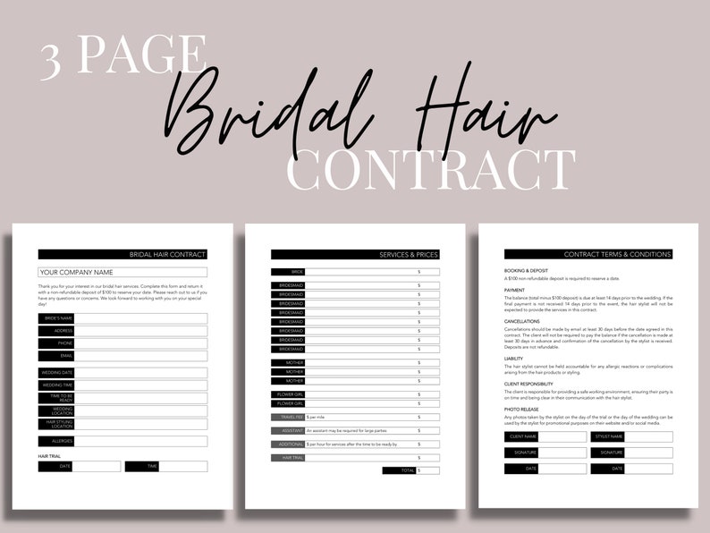 Bridal Contract for Hairstylist Wedding Hairstylist Contract Etsy