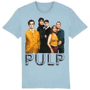 May include: Light blue t-shirt with a photo of the band Pulp and the word "PULP" in black outlined letters.