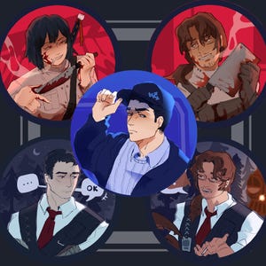 May include: Digital artwork with five circular character portraits. Each portrait is set against a red backdrop. The characters are shown with props like a knife, cleaver, and cigarette. One character wears a blue cap with the text "M3" on it.