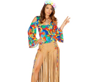 Ladies Velvet Multicolour Top Medium 1970S Hippy Chick Festival Fancy Dress 