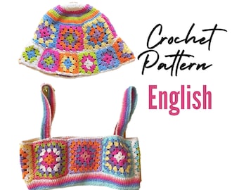 English Crochet Pattern | Abbot Kinney Set | crochet top | crochet hat | granny squares