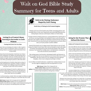 Peut inclure: Graphique de couleur sarcelle avec le texte "Wait on God Bible Study Summary for Teens and Adults". L'image comprend des illustrations et des résumés textuels de sujets d'étude biblique, dont "Faith in the Waiting".