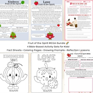 May include: A collection of colorful educational materials for children, featuring the "Fruit of the Spirit" theme. Includes fact sheets, coloring pages, drawing prompts, and reflection lessons. The title "Fruit of the Spirit MEGA Bundle" is visible.