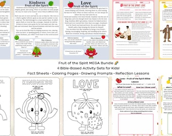 Fruit of the Spirit Bundle Bible Lessons for Kids Coloring Pages Fact Sheets Drawing Prompts Reflection Questions Christian Activities