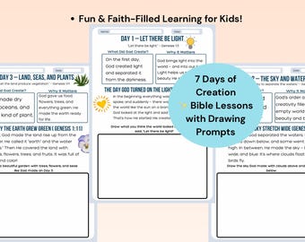 Lecciones bíblicas de los 7 días de la Creación para niños con indicaciones para dibujar Actividades divertidas sobre el Génesis Hojas de trabajo cristianas Escuela dominical Educación en el hogar Imprimibles