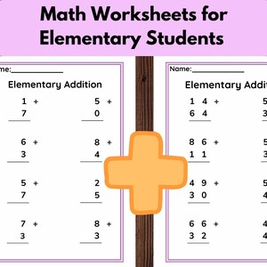 以下が含まれることがあります： 小学校の生徒向けの足し算の問題が書かれた印刷可能なワークシートが2枚あります。ワークシートはピンクの背景に、中央に大きなオレンジ色のプラス記号があります。ワークシートのタイトルは「初等算術」です。