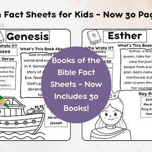 Boeken van de Bijbel Factsheets voor kinderen – 30 afdrukbare bijbelwerkbladen | Wie het heeft geschreven, belangrijke personen en verzen | Homeschool zondagsschool pdf