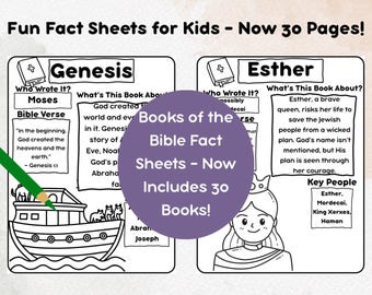 Books of the Bible Fact Sheets for Kids – 30 Printable Bible Worksheets | Who Wrote It, Key People & Verses | Homeschool Sunday School PDF