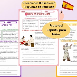May include: A colorful educational resource for children, featuring Bible lessons with reflection questions. The image includes illustrations and text in Spanish, with the title "Fruit of the Spirit for Children."