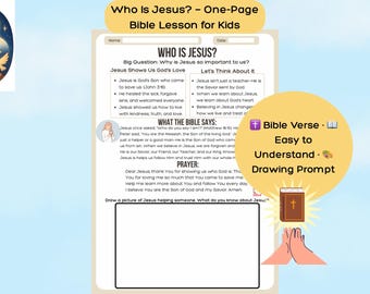 Leçon biblique sur Qui est Jésus pour les enfants, feuille de travail chrétienne d'une page, activité scolaire à domicile pour l'école du dimanche, avec invite de dessin PDF imprimable