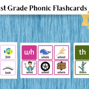 以下が含まれることがあります： 「sh」「wh」「th」という文字の組み合わせが、大きな白い文字で書かれた、ピンク、緑、紫の3枚のフラッシュカードのセット。各カードには、文字の組み合わせで始まる絵と単語が書かれた、6つの小さな正方形があります。例えば、「sh」のカードには、お店、小屋、まつげ、赤面、魚、買い物袋の絵があります。