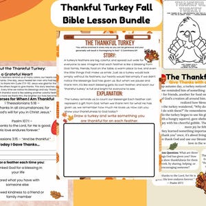 May include: A Thanksgiving-themed Bible lesson bundle with the text "Thankful Turkey Fall Bible Lesson Bundle." The bundle includes worksheets, coloring pages, and illustrations of turkeys and fall leaves. The color scheme is orange and yellow.