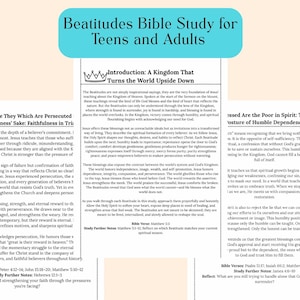 May include: A Bible study guide titled "Beatitudes Bible Study for Teens and Adults" with text and illustrations. The guide includes sections on persecution and humility, with Bible verses and study notes.