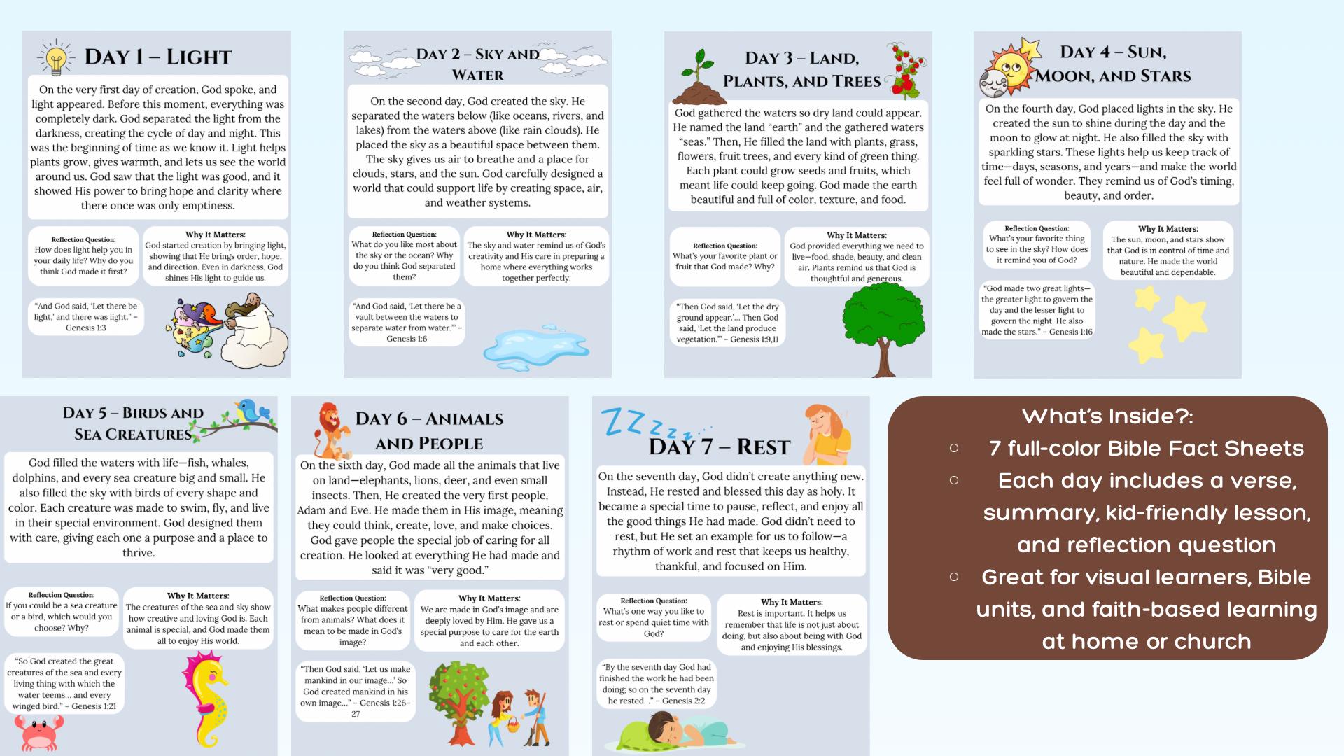7 Days of Creation Bible Fact Sheets for Kids Printable Christian ...
