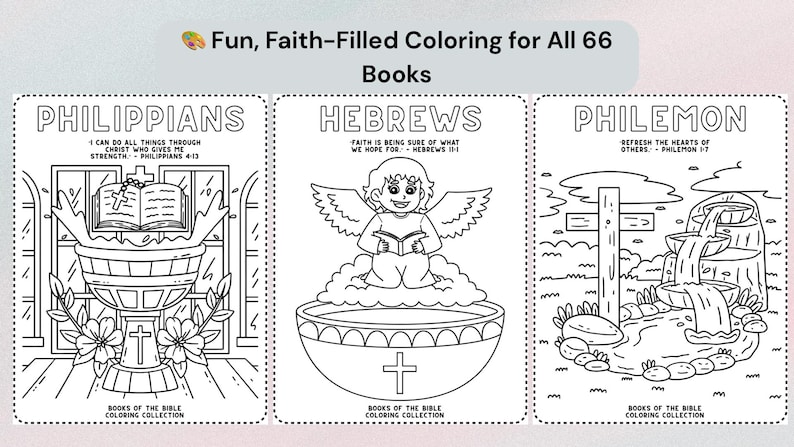 Example Bible coloring pages for children from the printable Books of the Bible activity pack. Each page includes a Scripture verse and large, simple designs for kids to color while reflecting on God’s Word. Perfect Christian coloring sheets for kids’ Bible learning at home, church, or Christian classrooms.