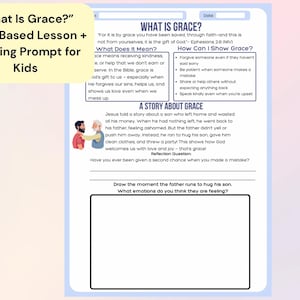 Può includere: Un foglio di lavoro azzurro chiaro intitolato "Cos'è la grazia?" con una lezione basata sulla Bibbia e un invito al disegno per bambini. Il foglio di lavoro include testo che spiega la grazia, una storia e uno spazio per disegnare. L'angolo in alto a sinistra ha il testo "Cos'è la grazia?" in una casella gialla.