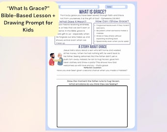 May include: A light blue worksheet titled "What Is Grace?" with a Bible-based lesson and drawing prompt for kids. The worksheet includes text explaining grace, a story, and a space for drawing. The top left corner has the text "What Is Grace?" in a yellow box.