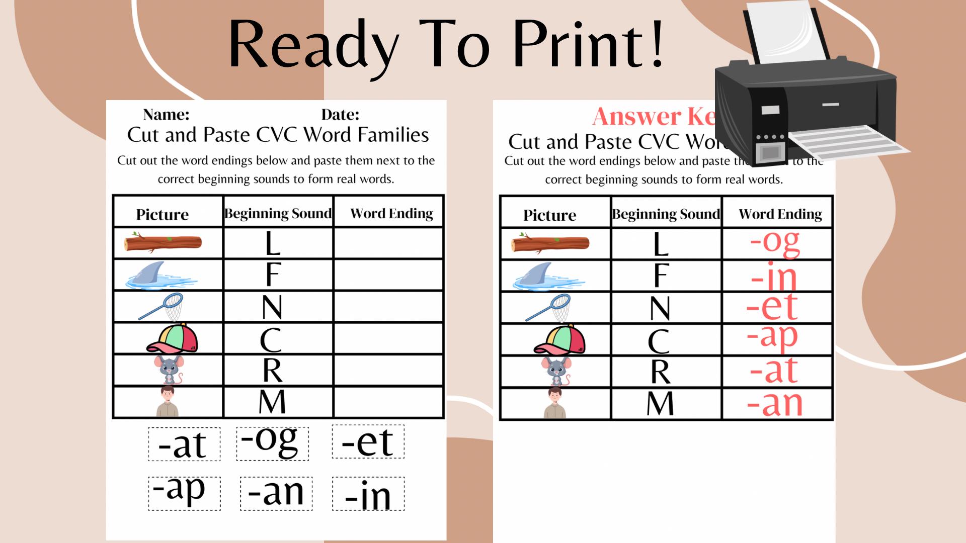 CVC Word Family Worksheets for Kindergarten | Cut and Paste Phonics ...